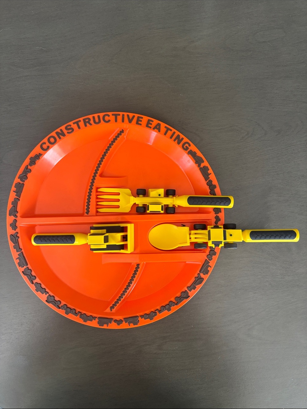Kids Constructive Eating Orange Divided Plate with Yellow Utensils